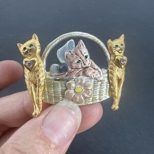Kenneth Cole Enamel Rhinestone Cat, Kitten In Basket Brooch Pin, Signed